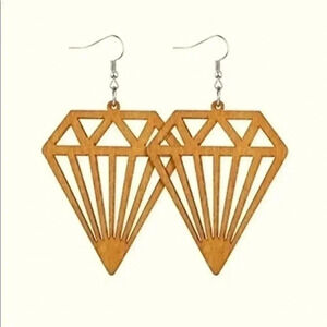 Laser Cut Classic Style Diamond Wood Wooden Drop Earrings